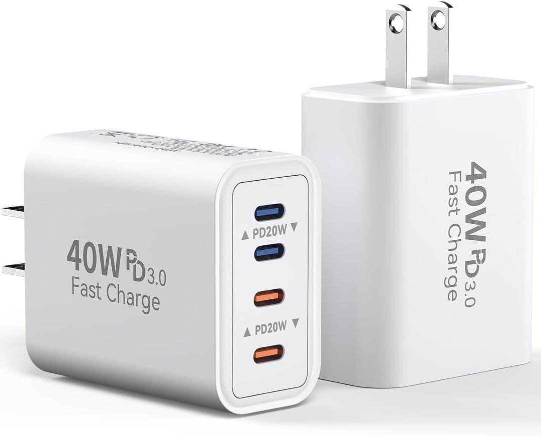 USB C Charger Block, 40W 4 Ports Type C Charger Fast Phone Charging Cubes USBC Plugs for Wall Outlet Brick Power Adapter Box for iPhone 16/15/14/13/12/11 Pro Max, iPad, Galaxy, Pixel, 2Pack