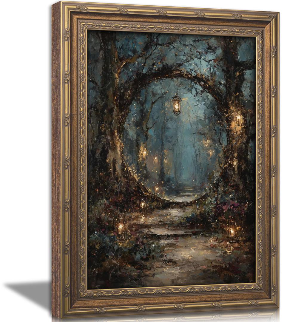 Vintage Gold Framed Wall Art, Gothic Victorian Forest Painting Canvas Print, Dark Academia Lanterns in Trees Picture Painting Wall Decorc, Moody Forest Picture Poster Artwork for Living Room Bedroom