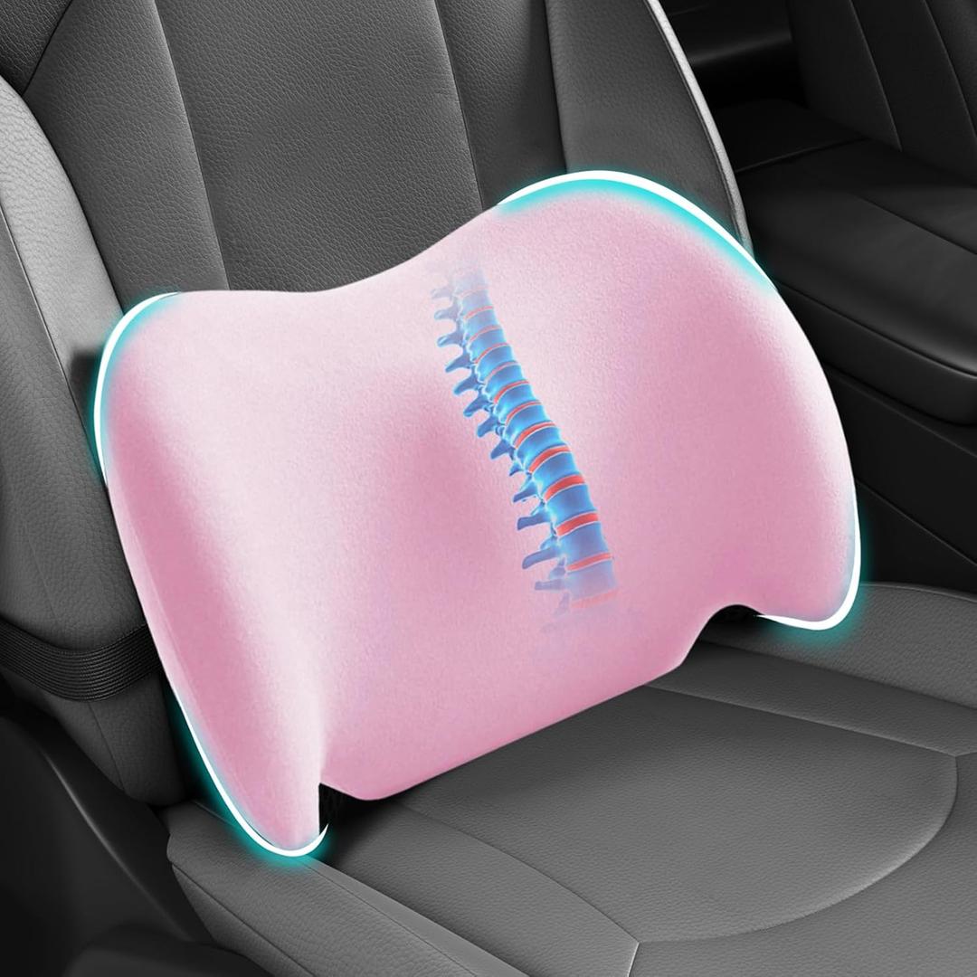 BYMECOST Lumbar Support Pillow for Car, Memory Foam Car Seat Back Support Pillow for Driving, Back Cushion with Strap for Pain Relief, Ergonomic Back Cushion for Office Chai, Wheelchair (Pink)
