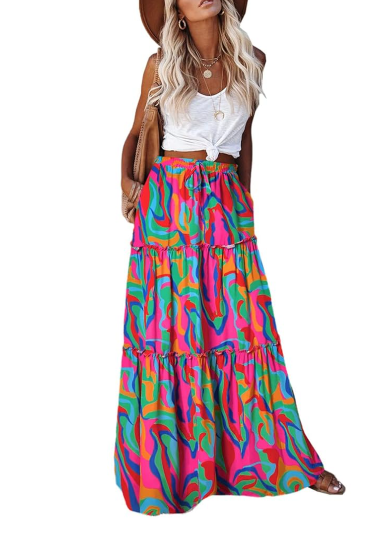 EARKOHA Womens Casual High Waist Tie Paisley Print Long Maxi Skirt with Pockets,XL