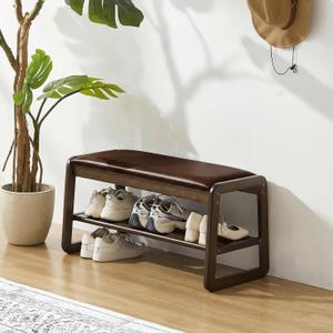 Achicsofar Shoe Rack Bench,2 Tier Solid Wooden Entryway Bench with Shoe Storage, Shoe Rack with Cushion for Living Room, Hallway(Brown, 31.5")