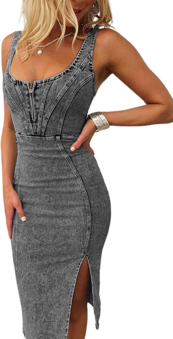 utcoco Denim Dress for Women Sleeveless Side Slit Bodycon Midi Jean Dresses for Women 2025 (Large, Dark Grey)