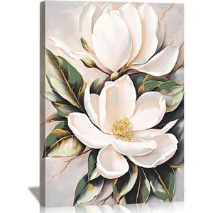 DRLWGTY White Flower Canvas Wall Art, Botanical Framed Wall Decor Aesthetic with Handmade Yellow Crystal Accents, Ready to Hang for Bedroom, Bathroom, and Living Room (Flower B, 24*32 in, Wrapped Canvas)