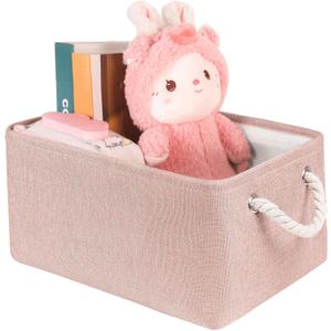 Storage Bins with Sturdy Cotton Handles(1 Pack), Fabric Storage Baskets for Organizing use for Office & Home, Book, Clothes, Toys, Closet Boxes (Small, Pink, 12.2x8.3x6.3 inches)