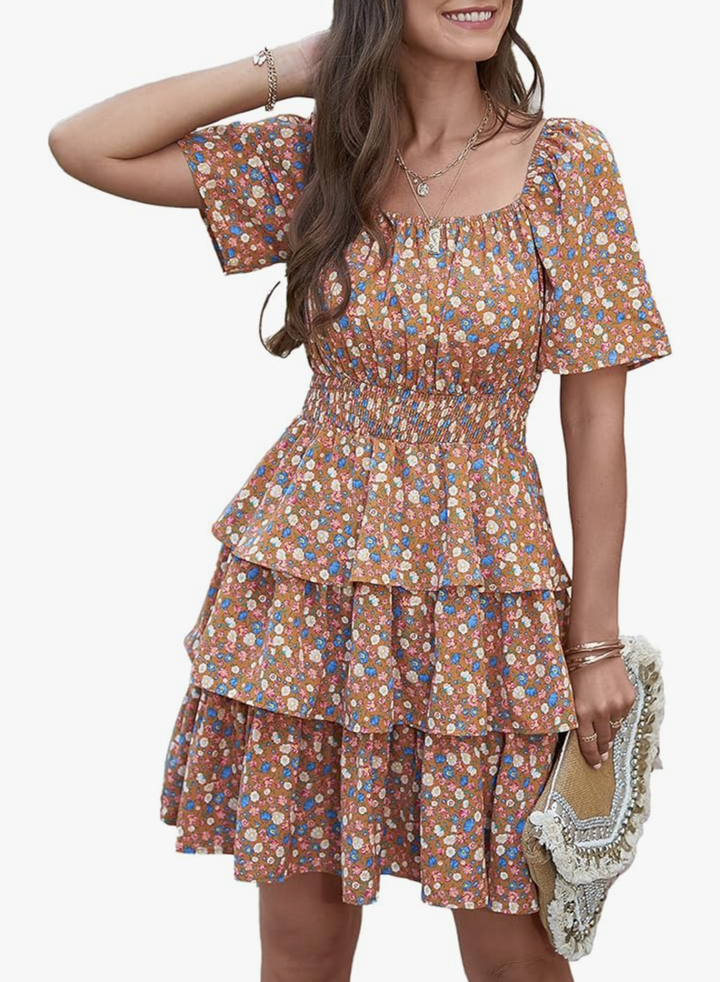 PRETTYGARDEN Women's 2026 Floral Summer Short Dress Square Neck Short Sleeve Tiered Ruffle Boho Swing Dresses XL