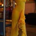 NRTHYE Women Elegant Irregular Ruffles Hem Maxi Dress Mesh Ruched Sleeveless Backless Pleated Long Party Club Dresses (Yellow) Large