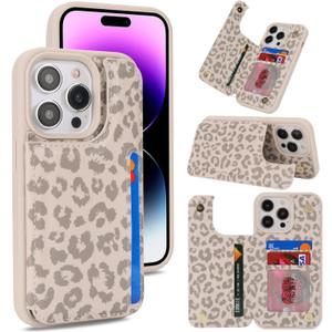 iCoverCase Compatible with iPhone 14 Pro Max Phone Case with Card Holder, Wallet Case for Women Men RFID Blocking PU Leather Protective Case 6.7 Inch (Beige Leopard)