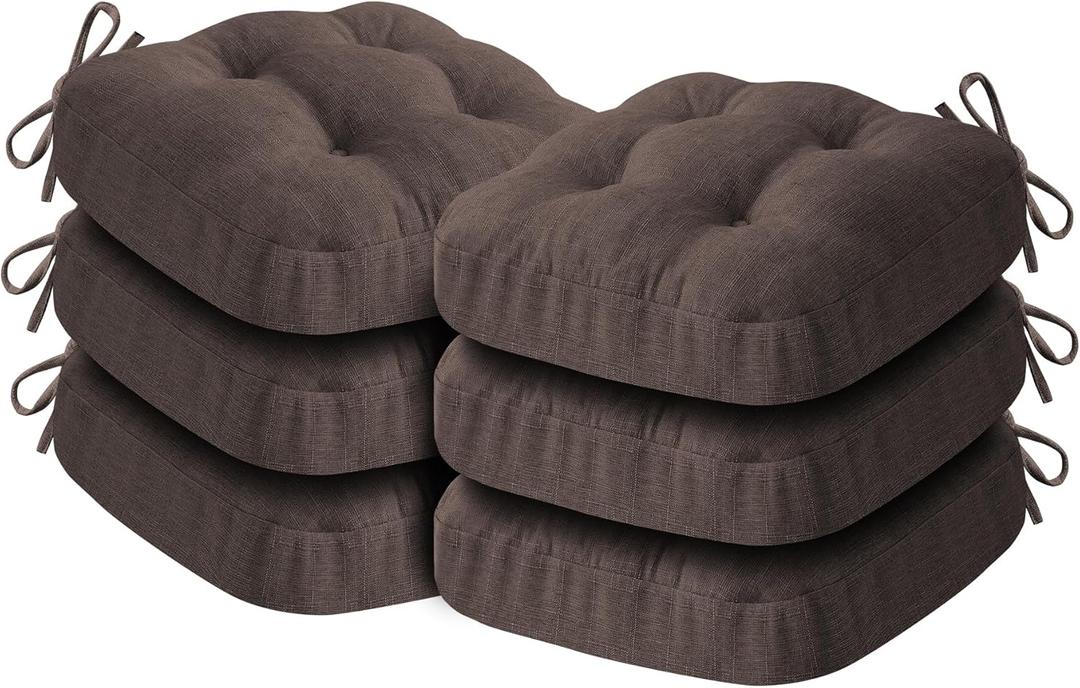 Chair Cushions for Dining Chairs, Dining Chair Cushions, Tufted Indoor Chair Pads with Ties & Non Slip Backing, Seat Cushions for Kitchen Chairs 16.5 x 16.5 x 3.5, Set of 6, Brown