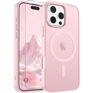 SUPFINE Magnetic for iPhone 16 Pro Max Case with Screen Protector (Compatible with MagSafe) (Military Grade Drop Protection) Translucent Matte Shockproof Phone Cover, Light Pink
