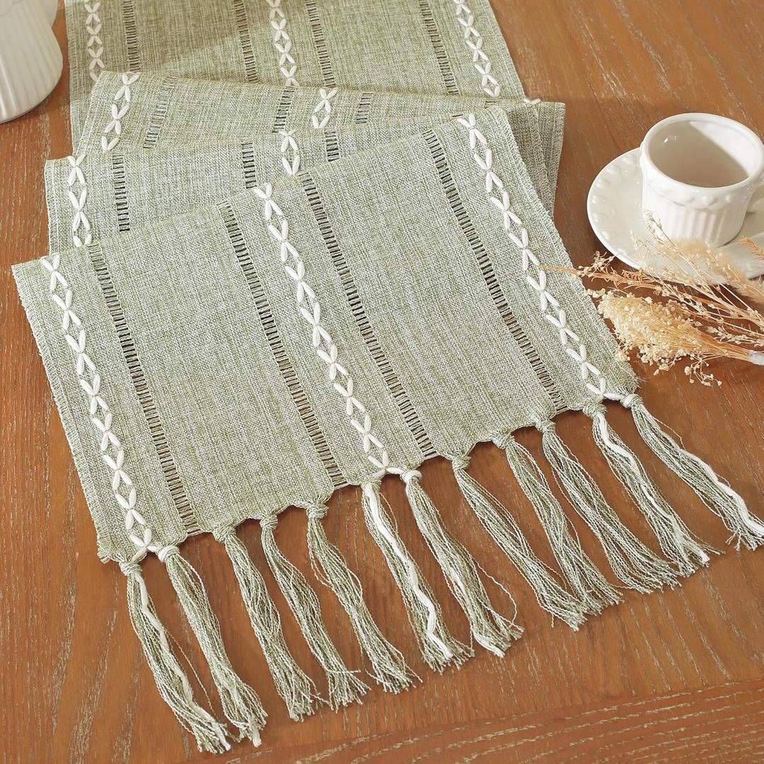 Farmhouse Decor Boho Table Runner with Macrame, Elegant Sage Green Coffee Table Runners 48 Inches Long, Rustic Home Decor Boho Decorations for Dining Room Kitchen Baby Bridal Shower (13"48")