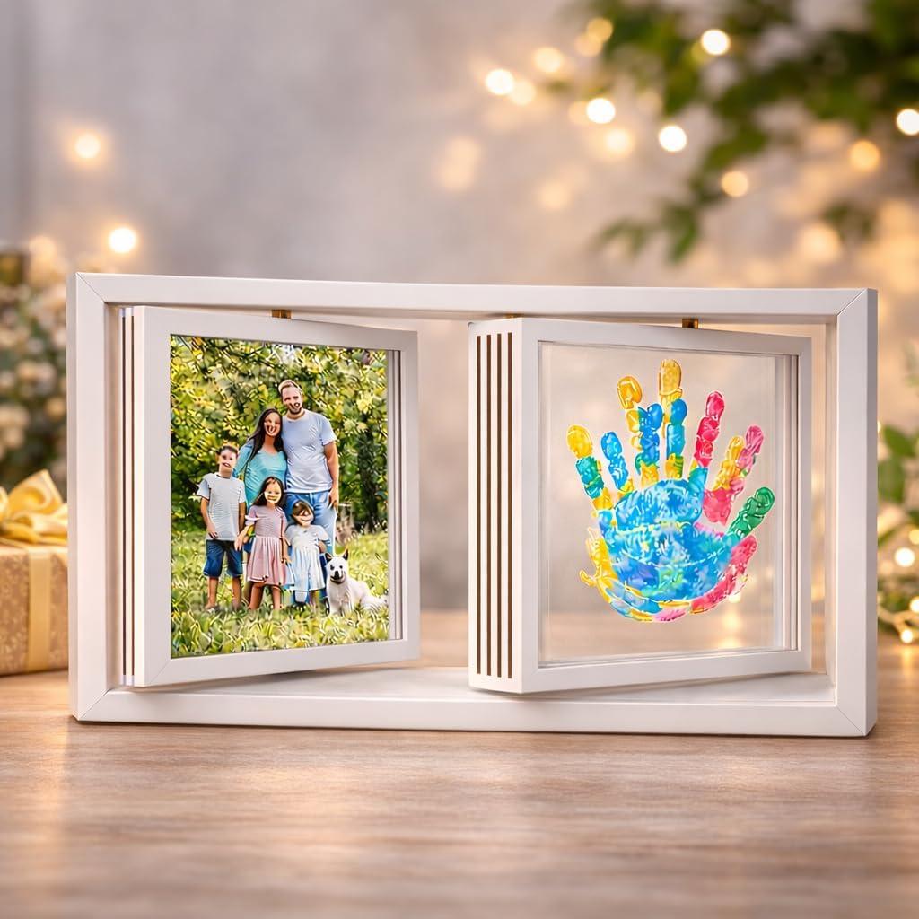 Family Handprint Frame Kit, Dual Rotating Photo & Handprint Display, DIY Keepsake Craft with Wooden Frame, Non-Toxic Paints, Baby Hand & Footprint Kit, Gift for Grandparents & New Parents (White)