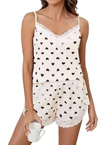 Blooming Jelly Womens Cami Pajama Sets Cute Heart Printed Pjs Sexy Sleepwear 2 Piece V Neck Pj Sets Cozy Loungewear (Apricot, Medium)