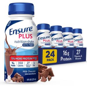 Ensure Plus Milk Chocolate Nutrition Shake With Fiber | Meal Replacement Shake | Ready to Drink | 16g Protein and 27 Vitamins and Minerals | 8 fl oz - 24 Pack, BB Date: 01/10/25