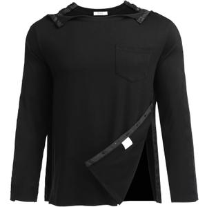 Deyeek Men's Post Shoulder Surgery Recovery Shirts Full Tear Away Long Sleeve Snap Chemo Port Access Shirt (Black, XL)