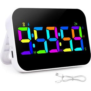 Kitchen LED Digital Timer Rechargeable, RGB Count Down Up Digital Timer with Vioce Reminder for Kitchen Classroom Cooking Study, Vibration Mode 3 Level Adjustable Volume and Brightness