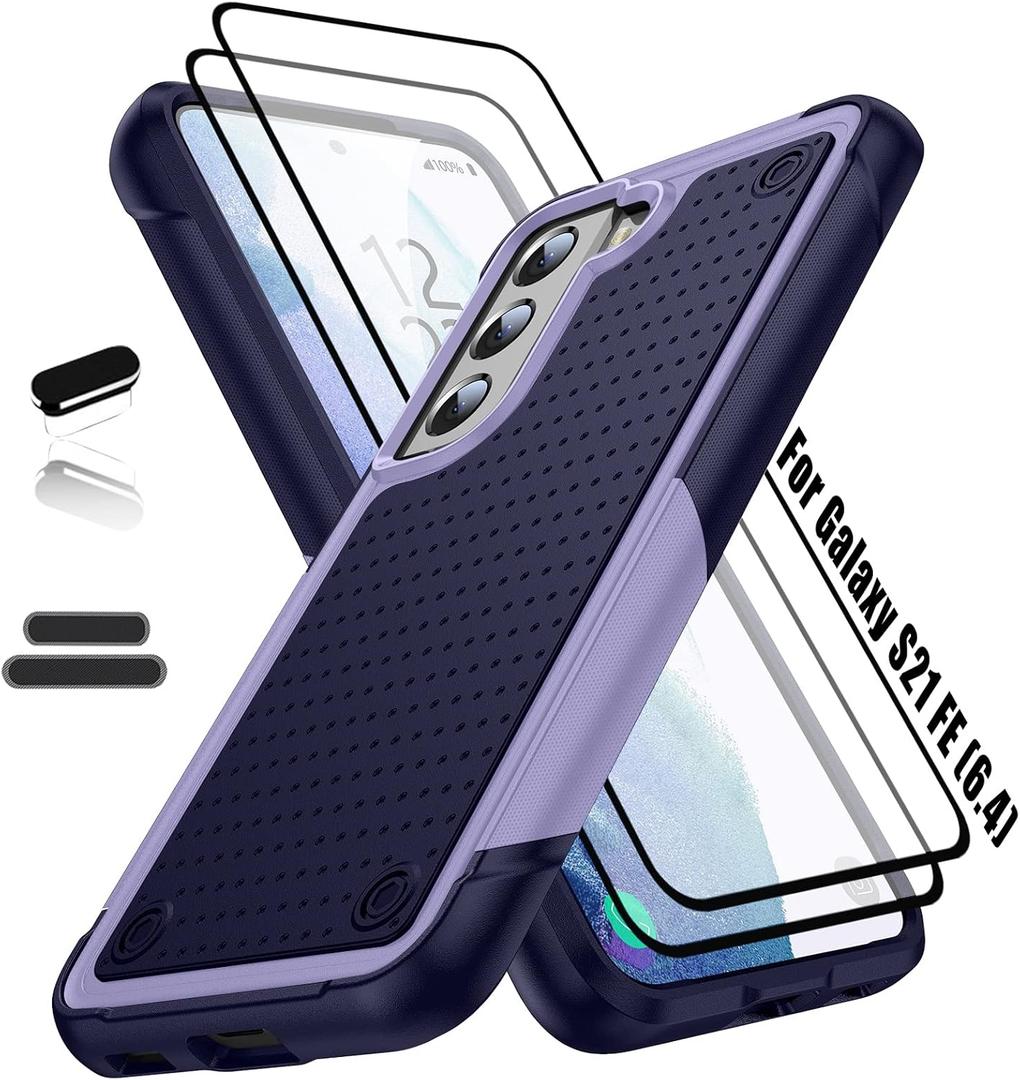 Heavy Duty Case for Samsung Galaxy S21 FE(5G) 6.4 Inche, 4 Corners with Airbags[12ft Drop Protection], Non-Slip Textured Grip Bumper Support Wireless Charging Drop Resistant Case -Blue/Purple