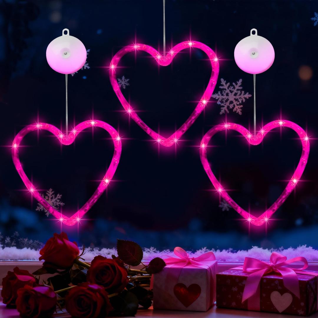Artmag 3 Pcs Valentines Day Window Lights Decorations with Timer, Heart Shaped Silhouette Battery Powered Hanging Led Lamp for Valentine's Day Lover Home Decor Pink