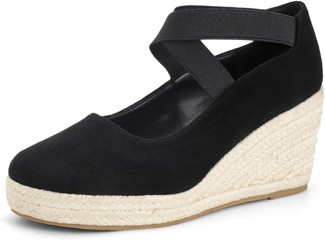 Women's Espadrilles Sandals, Closed Toe Platform for Women Slip on Elastic Ankle Strap Casual Comfortable Wedge Sandals (7.5, G-black/Suede)