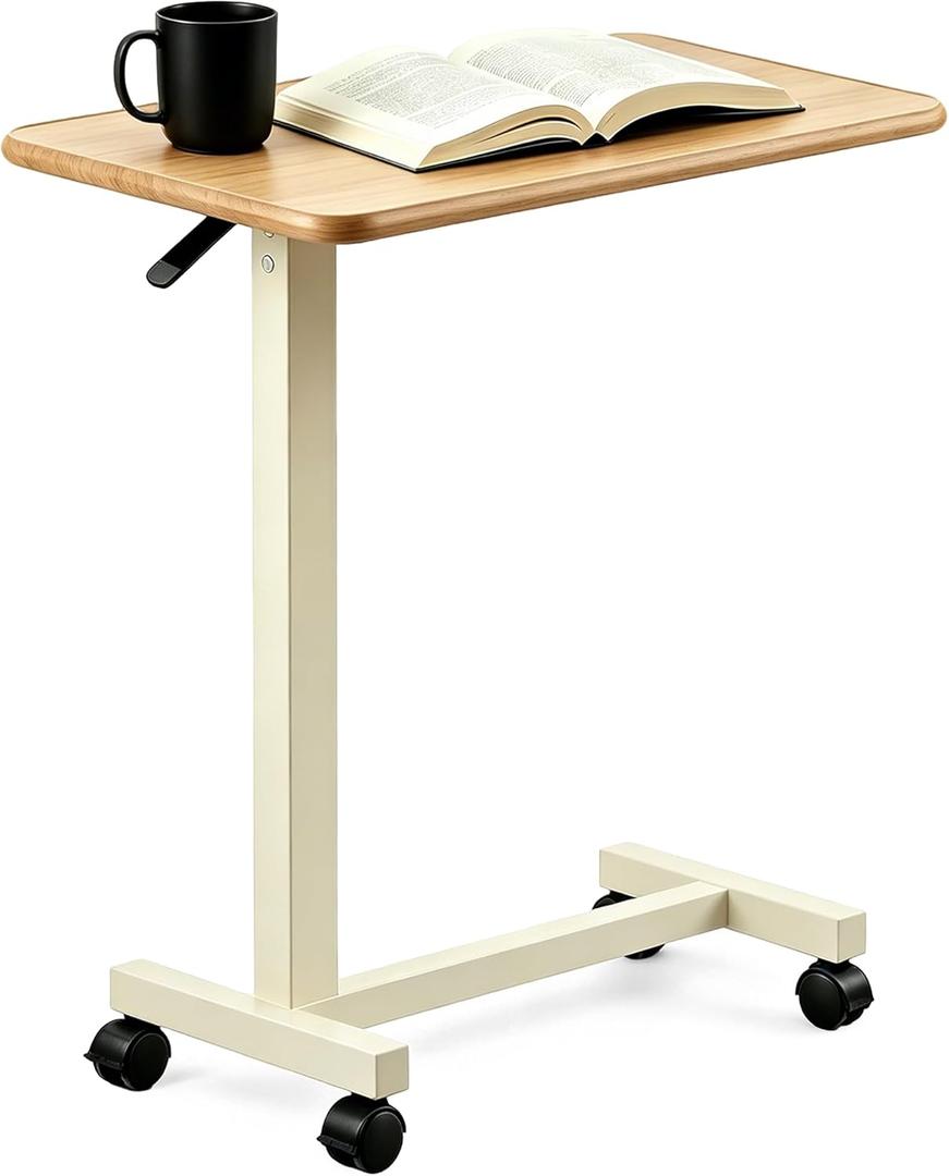 Adjustable Overbed Table with Wheels, Pneumatic Height Lift Rolling Bedside Table, Standing Desk for Home & Office Use, Ideal for Seniors & Limited Mobility(Walnut White), Standard