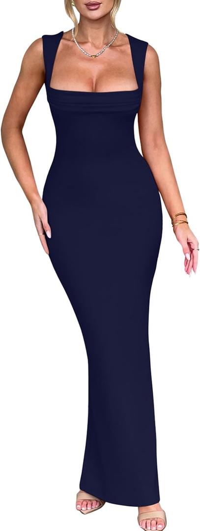 Women's Elegant Sleeveless Square Neck Bodycon Ruched Long Evening Party Dress (Blue)