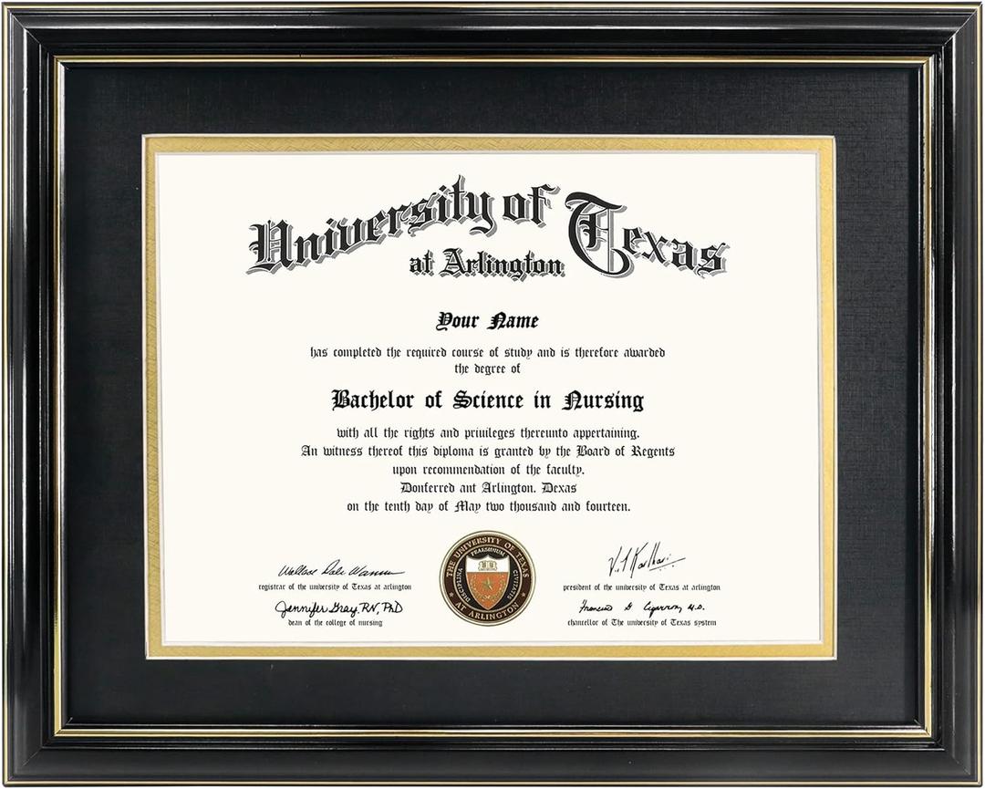 GraduationMall 11x14 Diploma Frame with Black over Gold Mat or Display 15x18 Certificate without Mat,Solid Wood & UV Protection Acrylic,Glossy Black Finish with Gold Trim
