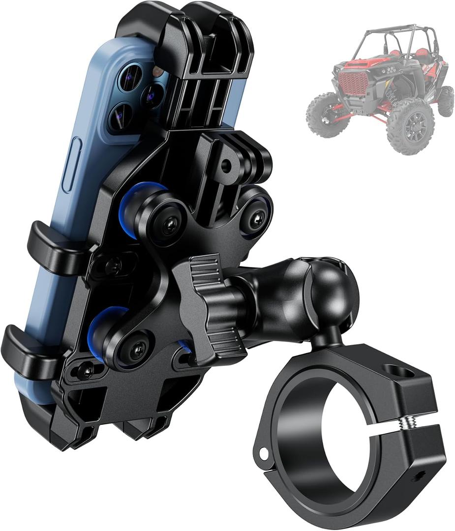 BRCOVAN UTV Phone Mount with Vibration Dampener, Adjustable Heavy Duty UTV Roll Cage Cellphone Holder Fit on 1.5''/1.65''/1.75''/1.85''/2'' Roll Bar, Compatible with 5.4''-6.9'' Smartphones