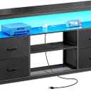 Huuger TV Stand Dresser with Power Outlets and LED Lights, 4 Drawers Entertainment Center with Shelf, 54 Inch Media Console for 55 60 Inch TV, 4 AC Outlets, 2 USBs, Dresser with PU Finish, Black