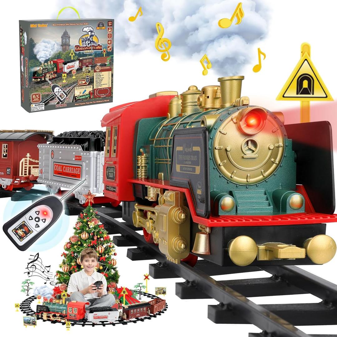 Mini Tudou Christmas Electric Train Set w/Steam, Sound & Light, Remote Control Train Toys w/Steam Locomotive Engine, Cargo Cars & Tracks, Toy Train w/Rechargeable Battery for Kids Boys 3+ Year Old