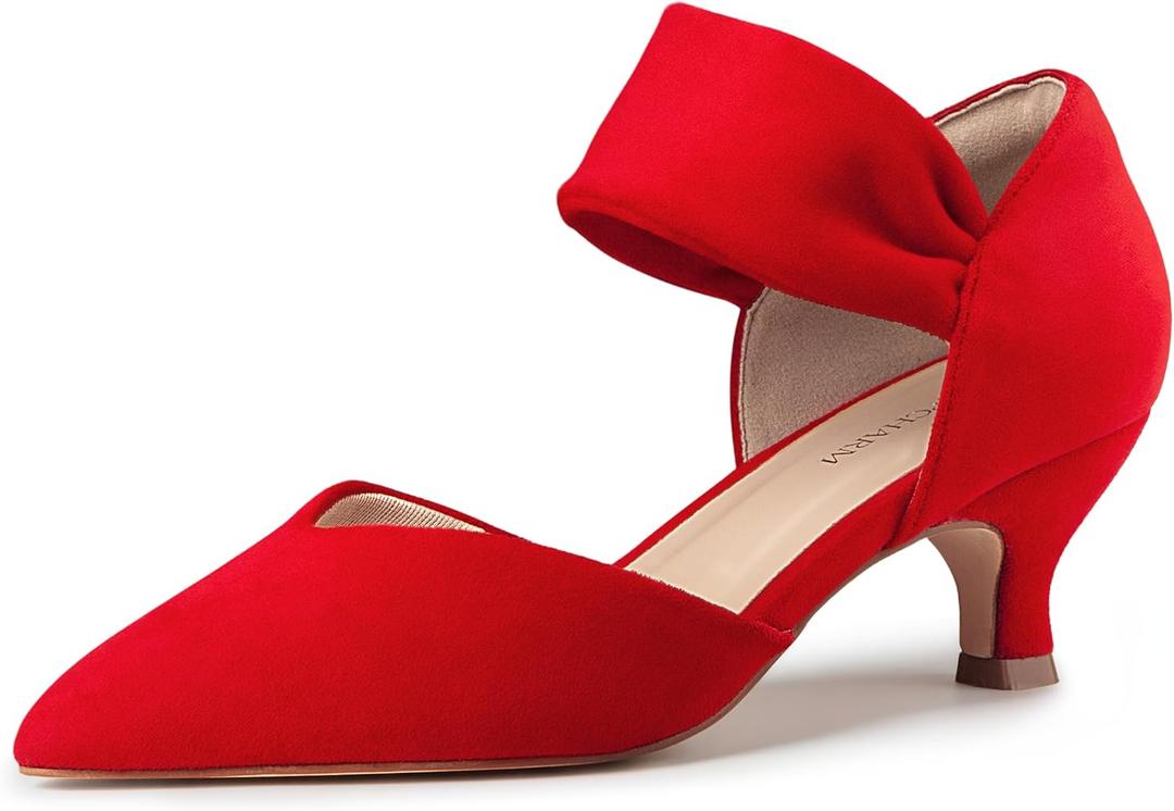 Women's Kitten Heels Pointed Closed Toe Ankle Strap Low Pumps Dress Shoes Slip On Pumps for Wedding Party Work Red Su 9