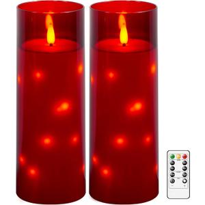 kakoya 11" x 4" Large Outdoor Waterproof Flameless LED Candles with Remote and Timer,Acrylic Pillar Candles Battery Operated with Embedded Star String for Porch,Patio,Outdoor Decor,Set of 2(Red)