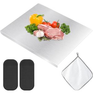 Stainless Steel Cutting Board with Counter Lip for Kitchen, Double-Sided Metal Chopping Board Over Sink with Silicone Mat and Rag for Countertop Cutting Meat,Vegetables(40x30cm)