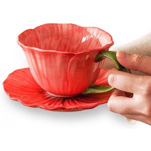 Coral Red Ceramic Flower Coffee Cup with Saucer, 10 Oz, Peony Floral Design, Dishwasher Safe, for Coffee, Tea, Dessert