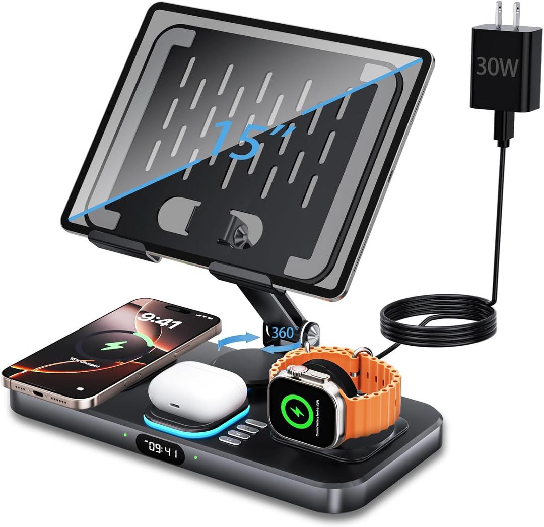 6 in 1 Wireless Charger Compatible for Apple Devices, iPad Charging Station with Digital Time & Night Light for iPhone 16 Pro Max/15/14/iWatch/Air-pods/iPad/Tablet Stand Holder