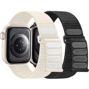 WJK 2 Pack Compatible with Apple Watch Bands for Women 42mm 41mm 38mm 40mm, Nylon Stretchy Strap for iWatch SE 2 Series 11 10 9 8 7 6 5 4 3 2 1 Bands for Women Men,Black Starlight