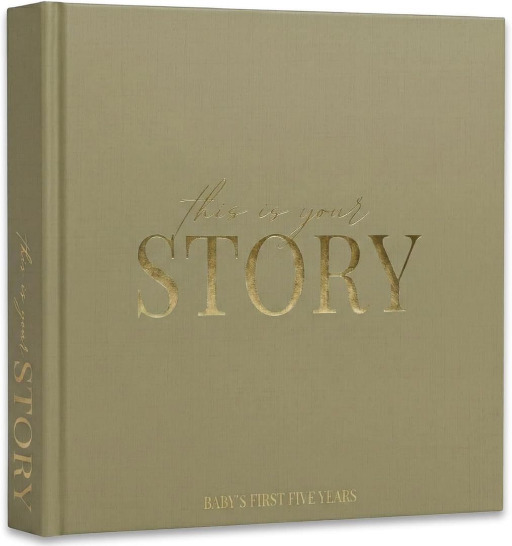 Baby Memory Book & Baby Keepsake Book to Record Baby's Milestones and Photos for Newborn Girl or Newborn Boy, Gender Neutral, Scrapbook Album, First 5 Year Journal Includes Stickers & Keepsake Box (Light Olive)