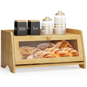 JANSNIMEN Bread Box for Kitchen Countertop, Large Bread Container Storage, Wooden Farmhouse Bread Box with Window Bread Holder