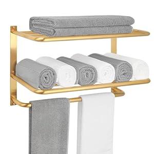 Towel Rack for Bathroom, DEWVIE 23 Inch Tower Holder with Tower Bars, SUS 304 Stainless Steel Lavatory Bath Towel Shelf Towel Hanger Wall Mount, 3-Tier (Brushed Gold)