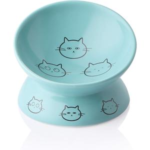 Sweejar Ceramic Raised Cat Bowls, Slanted Cat Dish Food or Water Bowls, Elevated Porcelain Pet Feeder Bowl Protect Cat's Spine, Stress Free, Backflow Prevention (Turquoise)