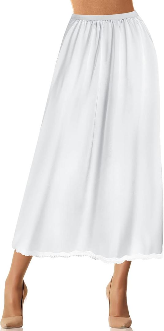 Jadive Women's Satin Half Slip Lace Long Underskirt Skirt Slip Long Slips for Dresses Lingerie Skirt (White), S