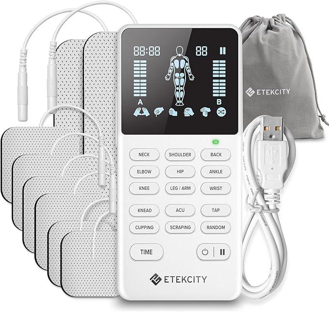 Etekcity 4Channel Rechargeable TENS Unit,FSAHSA Eligible Muscle Stimulator for Pain Relief, AfterExercise Relaxation, Physical Therapy, 8 Electrode Pads, Back,Neck,Shoulder,Sciatica, Period Cramps