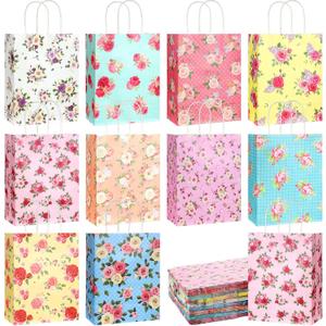 Geyoga 50 Pcs Floral Gift Bags with Handles, Paper Gift Flower Vintage Paper Bags with Colorful Rose for Wedding Mother's Day Birthday, 10 Styles(10.5 x 8.5 x 4.5)