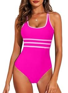Aleumdr Women's Color Block One Piece Athletic Swimsuit Sports Tummy Control Cheeky High Cut Bathing Suits XL