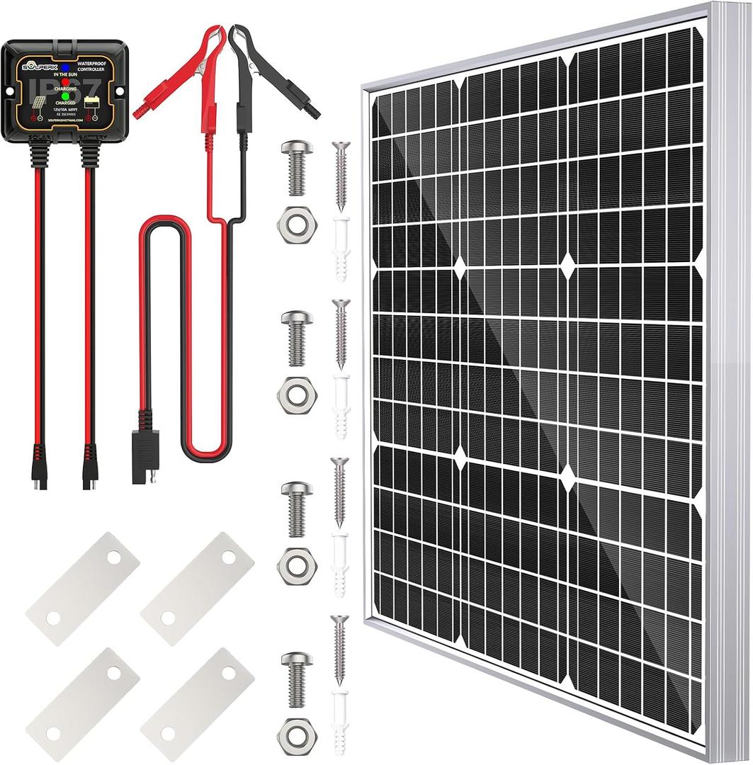 SOLPERK Solar Panel Kit 50W 12V, Waterproof Solar Battery Trickle Charger Maintainer + Smart MPPT Controller + Adjustable Mount Bracket for Boat Car RV Motorcycle(Without Mounting Bracket)