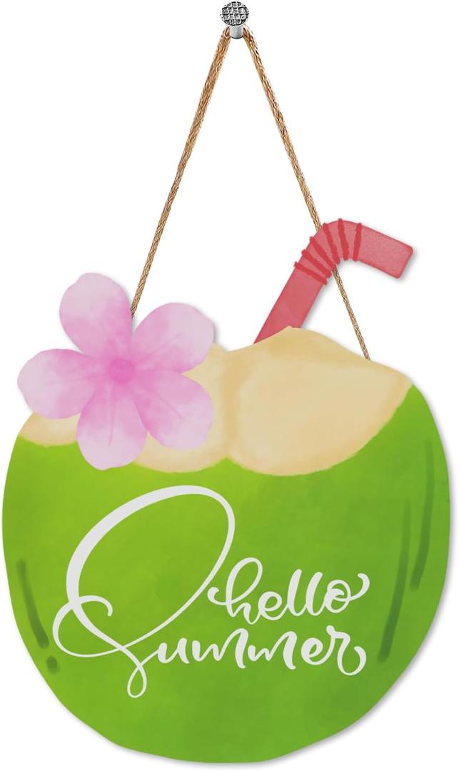 2 x Hello Summer Coconut & Flower Door Decor Sign - Wooden Welcome Home & Office Wall Art, 11.8x9.3" Hanging Plaque for Seasonal Celebration
