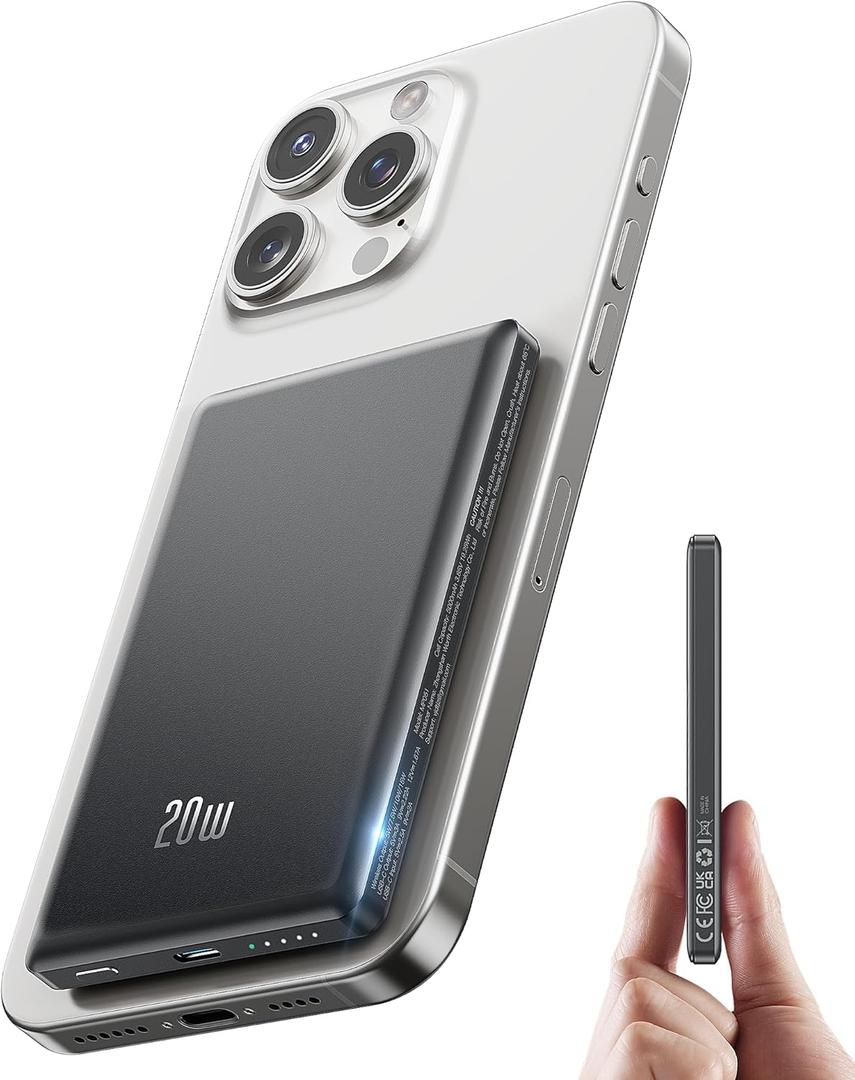 2025 for Magsafe Battery Pack, Ultra Slim Wireless Portable Charger 5000mAh, 20W PD Magnetic Power Bank Fast Charging USB C in&Out Powerbank for iPhone 16/15/14/13/12 Mini Plus Pro Max, Matte Black