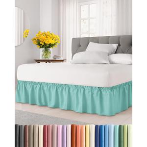 Wrap Around Dust Ruffle Bed Skirt - Spa Blue - for Queen Size Beds w/ 14 Inch Drop - Easy Fit Elastic Strap - Adjustable Pleated Bedskirt w/Brushed Fabric - Wrinkle Free - Women, Men, Kids & Teens