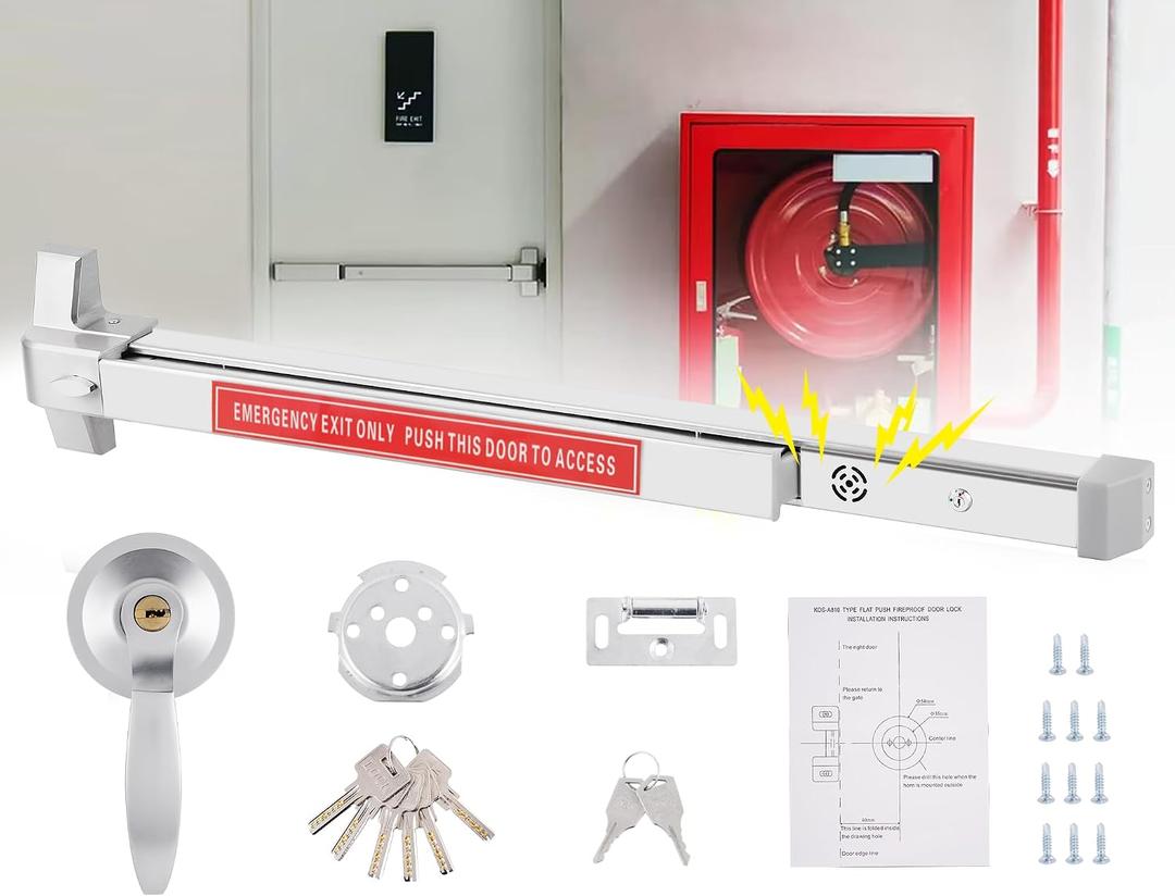 Commercial Door Push Bar Panic Exit Device with Alarm Exterior Lever 80cm/31.5" Stainless Steel Panic Bars for Exit Doors Emergency Exit Panic Door Hardware with 6 Keys for 31”-47” Wood Metal Doors