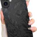 LSL Case for iPhone 16 Plus Black Floral Flower Pattern Print Design Soft TPU Full Camera Lens Anti-Drop Anti-Scratch Shockproof Protective Slim Cover for Women Girls