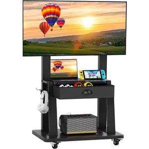 Mobile TV Cart with Drawer,for 23-75 inch Flat/Curved Screen Up to 120lbs,Adjustable Height Rolling TVs Floor Stand with 2 Tiers Shelves,Locking Wheel,for Indoor Outdoor,Max VESA 600x400mm,Black