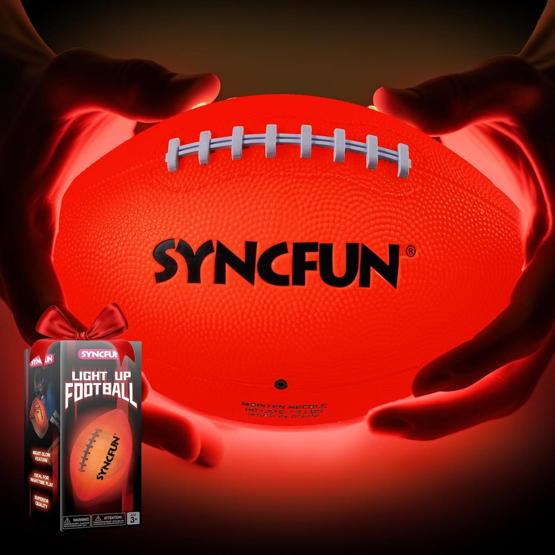 SYNCFUN Glow in the Dark Football for Boys, Light Up Football for Night Outdoor Sports Games, Red Glowing Ball, Ball Accessories Gifts for Teen Boy Toys Ages 3 Old and Up